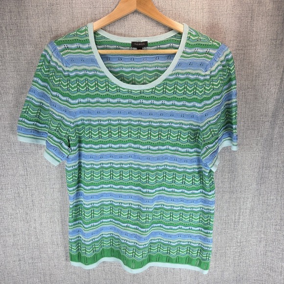 Talbots Sweaters - Talbots Casual Green Blue Stripe Crochet Short Sleeve Lightweight Sweater Medium